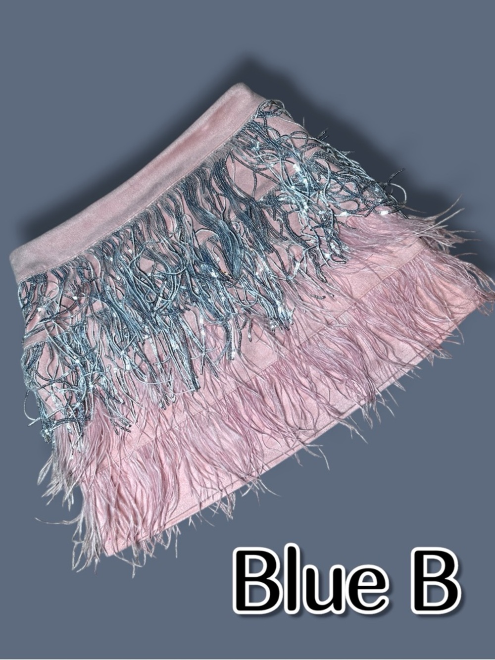 NWT Blue B Pink and Silver Fringe Faux Suede Mini Skirt in Light Pink. Size Med